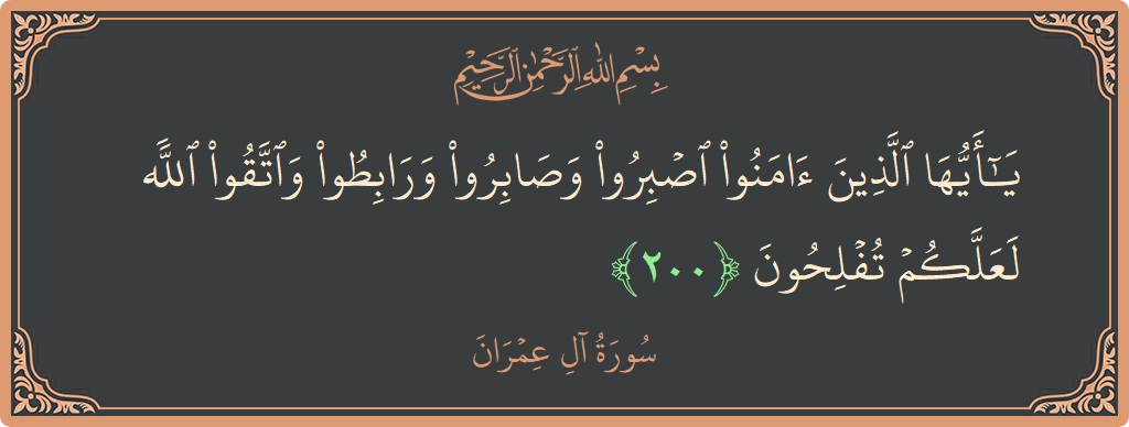 الآية 200 - سورة آل عمران: (يا أيها الذين آمنوا اصبروا وصابروا ورابطوا واتقوا الله لعلكم تفلحون...)