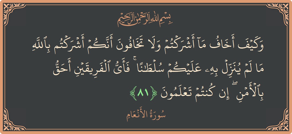 آیت 81 - سورۃ الانعام: (وكيف أخاف ما أشركتم ولا تخافون أنكم أشركتم بالله ما لم ينزل به عليكم سلطانا ۚ فأي الفريقين أحق بالأمن...) - اردو