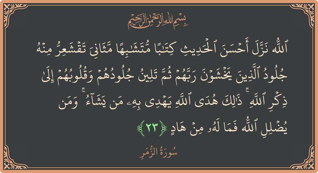 الآية 23 - سورة الزمر: (الله نزل أحسن الحديث كتابا متشابها مثاني تقشعر منه جلود الذين يخشون ربهم ثم تلين جلودهم وقلوبهم إلى ذكر الله...)